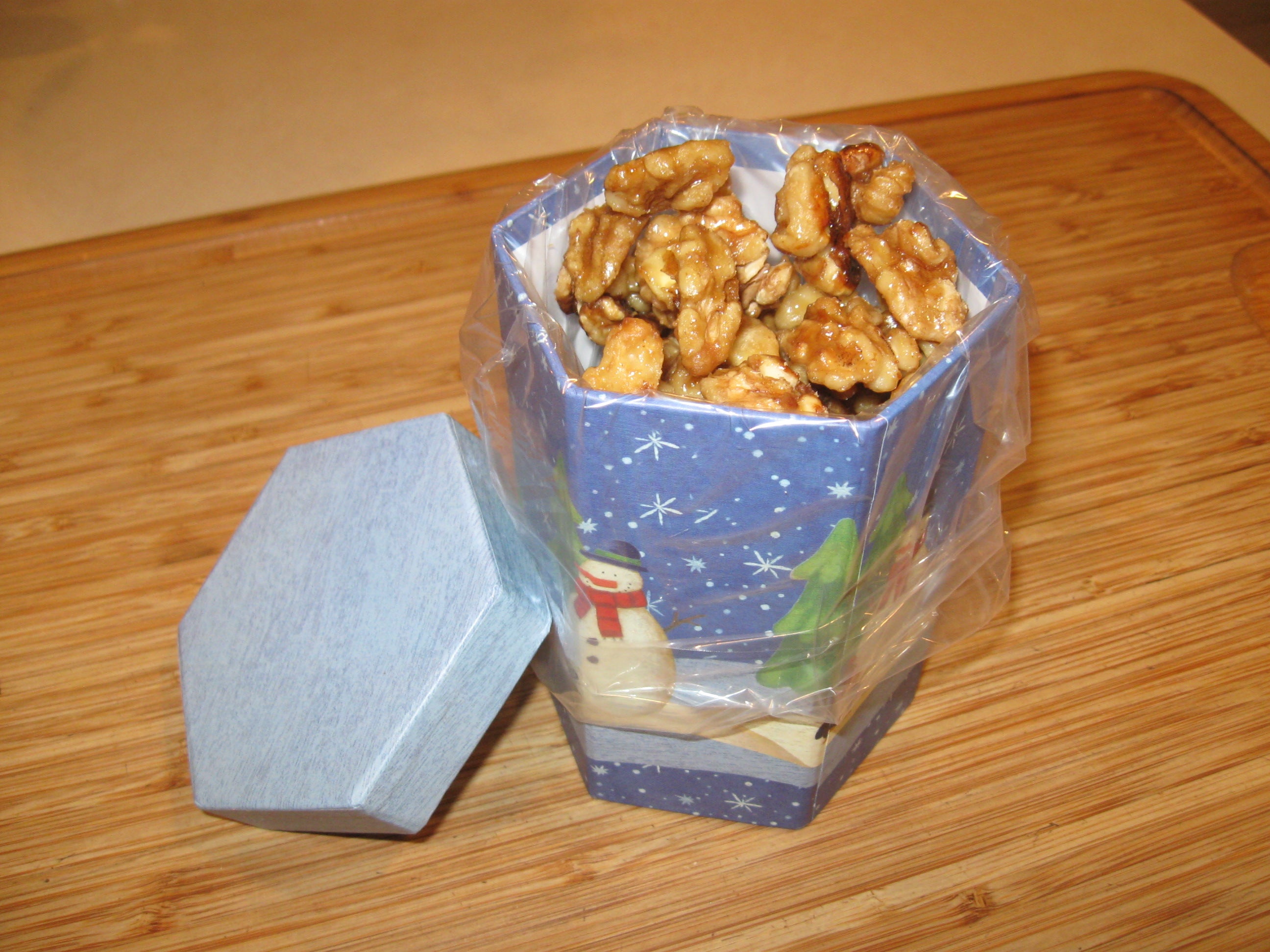 Finished Maple Glazed Walnuts in an attractive gift box